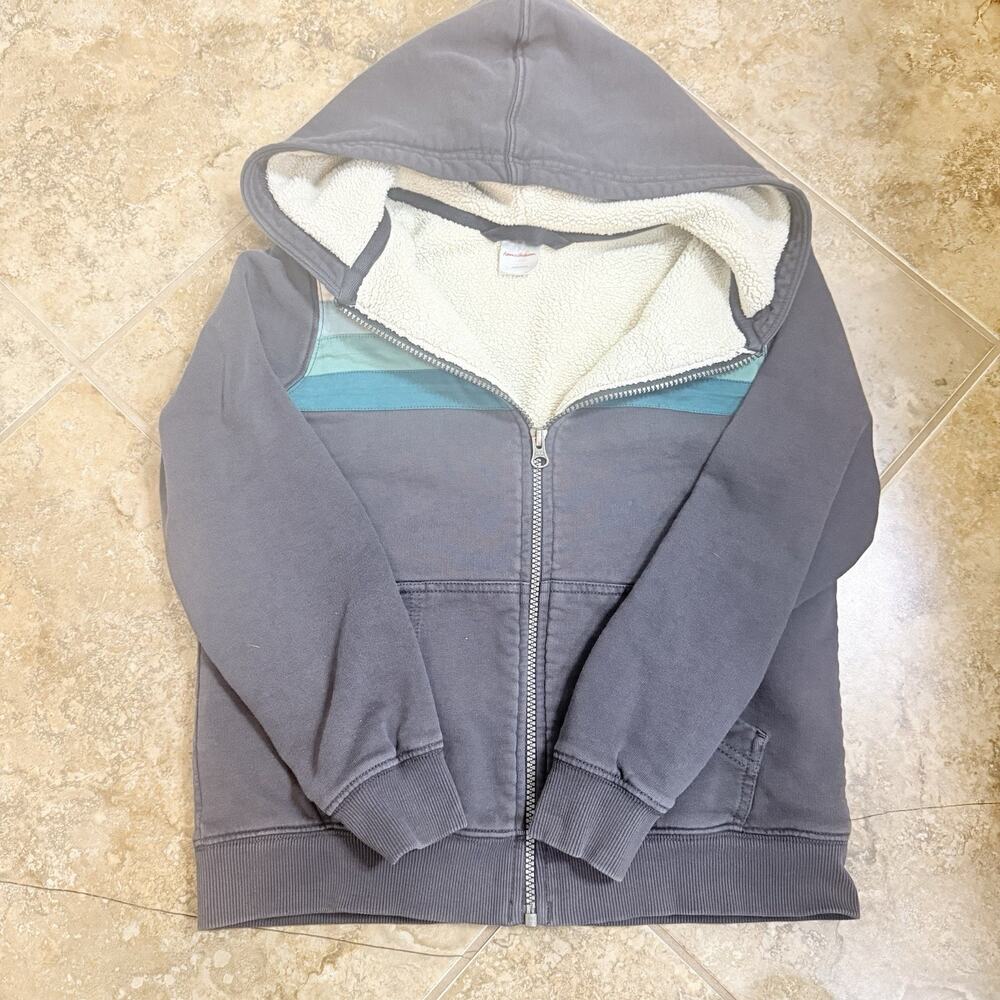 Hanna Andersson Boys Full Zip Hooded Fleece Hoodie Pockets Striped Gray 10